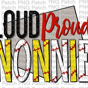 May include: A graphic design with the words "LOUD Proud NONNIE". "LOUD" is in black, "Proud" in red, and "NONNIE" in white and yellow, with baseball stitching details. The design is set against a grey background, suitable for sports fans.