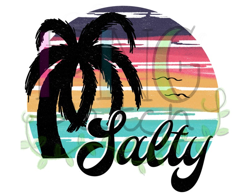 May include: A colorful sunset with a palm tree silhouette and the word "Salty" in a black script font.