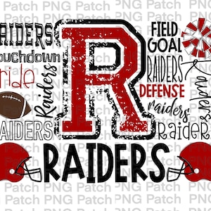 Könnte beinhalten: Ein schwarzes und rotes Grafikdesign mit dem Buchstaben "R" in der Mitte. Die Grafik enthält die Wörter "RAIDERS", "Touchdown", "Pride", "Field Goal", "Defense" und "raiders".