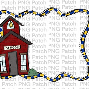 Peut inclure: Une école en briques rouges avec un clocher et l'inscription "SCHOOL" sur la façade. L'école est entourée d'une bordure ondulée bleue et jaune.