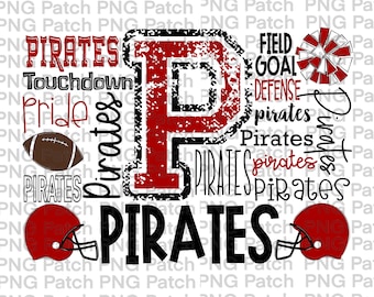 Pirates Football Typography, Red Black, Mascot PNG File, Team Digital Design, Cheer, Football Sublimation Designs, Touchdown, Defense