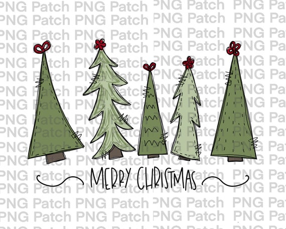 Merry Christmas, Row Christmas Trees, Faux Stitching, Christmas PNG Digital Design, Holiday Sublimation Designs, Instant Digital Download