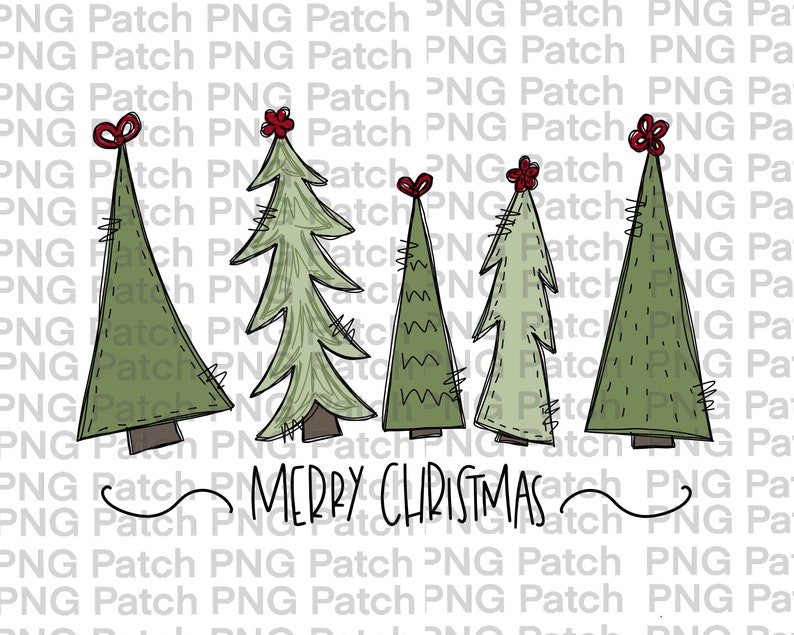 Pode incluir: Uma ilustra&ccedil;&atilde;o digital de quatro &aacute;rvores de Natal verdes com la&ccedil;os vermelhos e o texto "Merry Christmas" em uma fonte cursiva.