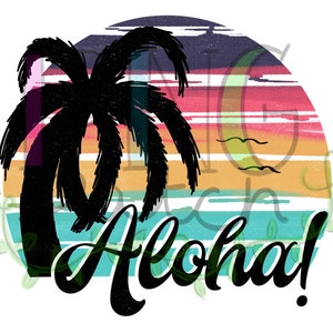 Può includere: Una grafica di tramonto retrò con una silhouette di palma e la parola "Aloha!" in un font stilizzato. Il tramonto è rappresentato in tonalità di rosa, arancio, giallo e blu.