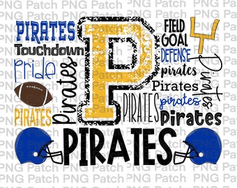 May include: A black and yellow graphic with the letter "P" in the centre. The letter is surrounded by the words "Pirates", "Touchdown", "Pride", "Field Goal", "Defence", and "Pirates". There are two blue football helmets and a brown football.