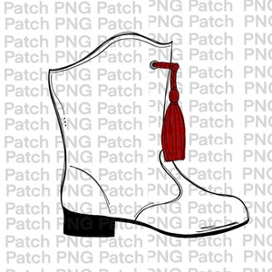 Puede incluir: Una bota blanca de banda de marcha con suela negra y borla roja. La bota está dibujada en un estilo simple de arte lineal.
