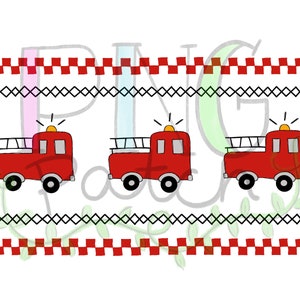 May include: Three red fire trucks with black wheels and yellow lights on top. The trucks are lined up in a row and are separated by a black and white checkered pattern.