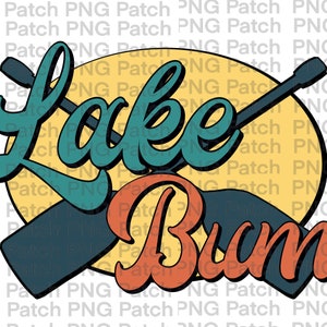 Pode incluir: Um círculo amarelo com um design azul-esverdeado e laranja. O texto "Lake Bum" está escrito em uma fonte estilizada.