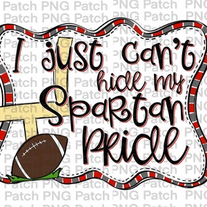 Op de afbeelding: Een rood-grijze voetbalgrafiek met een voetbal en een doelpaal. De tekst luidt "Ik kan mijn Spartan-trots gewoon niet verbergen".