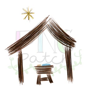 May include: A simple, hand-drawn illustration of a brown wooden stable with a star above it. Inside the stable is a brown manger with a blue blanket.