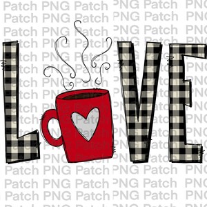 Op de afbeelding: Een digitale afbeelding met het woord "LOVE". De letters "L" en "E" hebben een zwart-wit geblokt patroon. Een rode koffiemok met een hart vervangt de "O". Stoom stijgt op uit de mok.