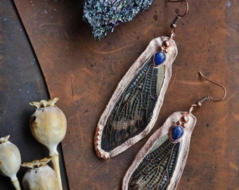 Cicada wing earrings, fairycore earrings, cottagecore jewelry, nature inspired jewelry, boho earrings, lapis lazuli jewelry, goblincore gift