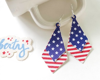 Patriotic Layered Earrings; Faux Leather Earrings; American Flag Earrings; Veterans Day Earrings; Leather Drop Earrings