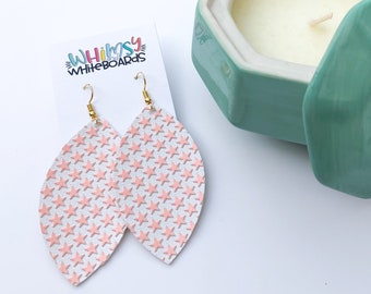 Pink Star Embossed Leather Drop Earrings; Embossed Earrings; Faux Leather Earrings; Drop Leaf Earrings