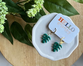 Monstera Huggies; Hoops; Plant Earrings; Monstera Earrings; Polymer Clay Earrings; Lightweight; Boho; Minimalist; Jewelry