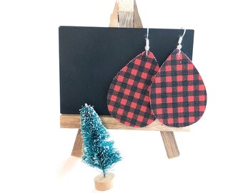 Red and Black Plaid Teardrop Earrings; Faux Leather Earrings; Plaid Earrings; Leather Drop Earrings; Christmas Gift