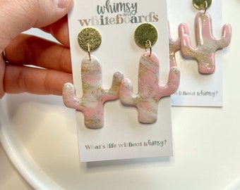 Pink and Gold Cactus Earring; Dangle Earrings; Cactus; Pink; Gold; Shiny; Love; Polymer Clay; Earrings