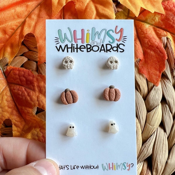 Spooky Stud Pack; Spooky Season; Halloween; Halloween Earrings; Studs; Skulls; Ghosts; Pumpkins; Fall; Fall Style; Polymer Clay; Jewelry