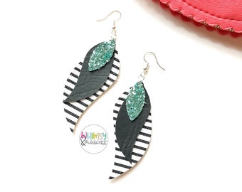 Teal Glitter and Stripes Leather Drop Earrings; Layered Leather Drop Earrings; Black and White Stripes Earrings; Faux Leather Earrings