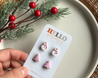 Holiday Stud Pack; Christmas; Holiday; Reindeer; Earrings; Polymer Clay; Winter; Christmas Earrings; Lightweight; Snowman; Glitter; Pinkmas