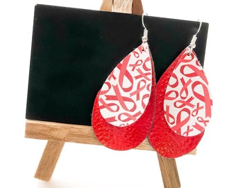 Red Ribbon Layered Teardrop Earrings; Faux Leather Earrings; Leather Drop Earrings