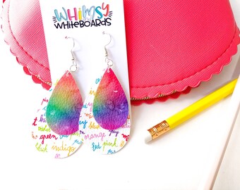 Rainbow Watercolor Layered Teardrop Earrings; Faux Leather Earrings; Teacher Earrings; Leather Drop Earrings; Teacher Gift