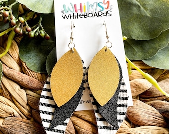 Gold and Black and White Stripes Leather Drop Earrings; Layered Leather Drop Earrings; Black & White Stripes Earrings; Faux Leather Earrings