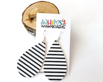 Black and White Striped Teardrop Earrings; Faux Leather Earrings; Black and White Striped Earrings; Leather Drop Earrings