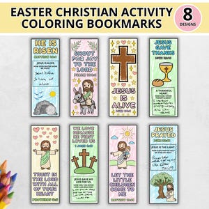 May include: Eight Easter Christian coloring bookmarks with various designs. Each bookmark has a different illustration and text, including crosses, Jesus, and Bible verses. A set of coloured pencils is visible in the lower left corner.