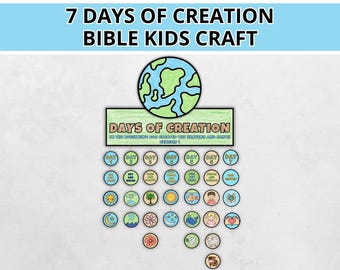 Könnte beinhalten: Ein farbenfrohes Bastelprojekt mit dem Titel "7 Days of Creation Bible Kids Craft". Das Design zeigt einen Globus, ein Banner mit der Aufschrift "Days of Creation" und sieben Illustrationen der Schöpfungstage in Kreisen. Der Text enthält "Genesis 1".