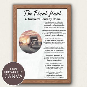 Semi Truck Driver Memorial Poem for Commercial Truck Driver Operator Custom Print Funeral Card In Loving Memory of 18 Wheeler Rig Owner