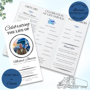 Programme de funérailles à trois volets pour chauffeur de camion, modèle de nécrologie, modèle modifiable sur toile, programme commémoratif bleu, carte commémorative de nécrologie imprimable