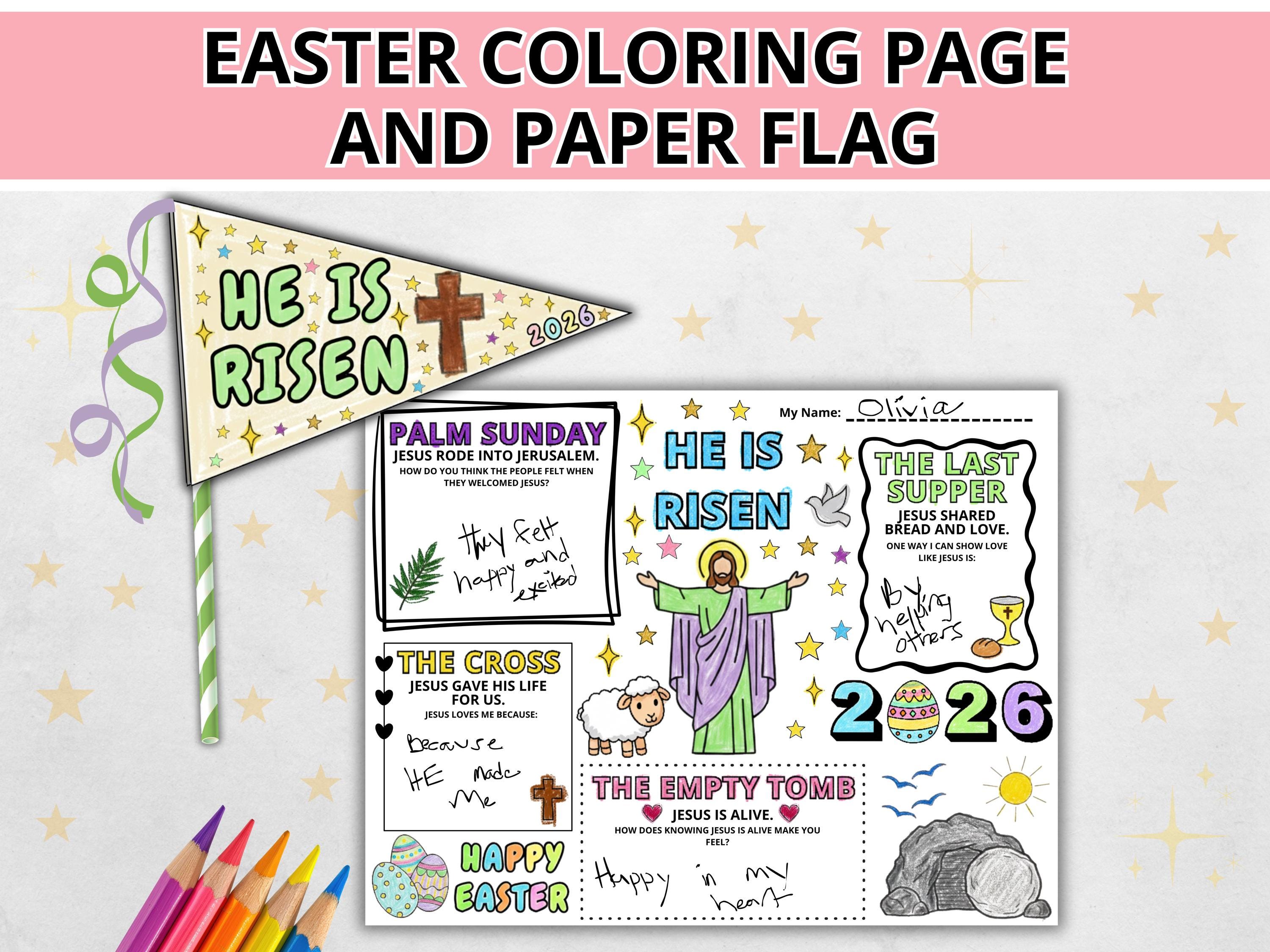 Printable Easter Bible Coloring Page and Flag, Christian Easter He is ...