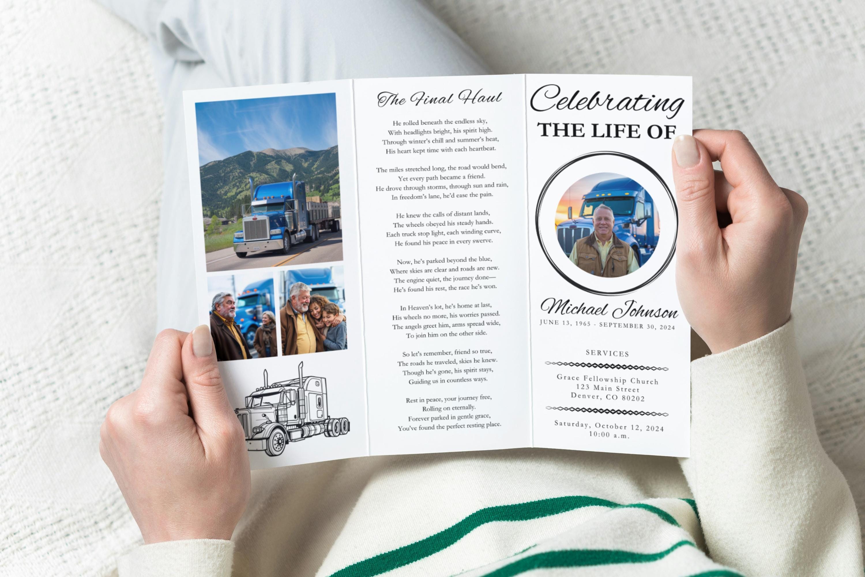 Truck Driver Trifold Funeral Program, Obituary Template, Editable Canva ...