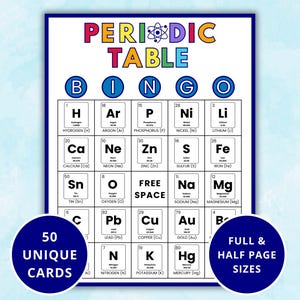 May include: A colorful Periodic Table Bingo game board with the words "PERIODIC TABLE BINGO" at the top. The board features elements with their symbols and atomic numbers. Includes 50 unique cards and full & half page sizes.