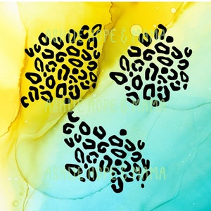 May include: Abstract watercolor background with three black leopard print shapes. The shapes are in the center of the image and are on a yellow and blue background.