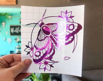 Moon Car Decal, Laptop Stickers, Holographic Car Decal, Rainbow Decal, Women's Birthday Gift, Moth Decal, Witchy, Spooky, Halloween, Floral