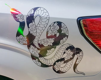 Snake Car Decal, Holographic Car Decal, Large Floral Decals, Rainbow Decal, Peony Sticker, Women's Birthday Gift, Psychedelic, Witchy Decals