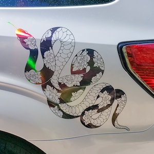 Snake Car Decal, Holographic Car Decal, Large Floral Decals, Rainbow Decal, Peony Sticker, Women's Birthday Gift, Psychedelic, Witchy Decals