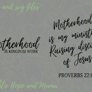 May include: Black and white text graphic with a quote about motherhood being a ministry and raising disciples of Jesus. The quote is from Proverbs 22:6. The text is on a gray background with a green swirl pattern.