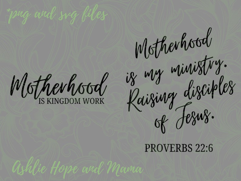 May include: Black and white text graphic with a quote about motherhood being a ministry and raising disciples of Jesus. The quote is from Proverbs 22:6. The text is on a gray background with a green swirl pattern.