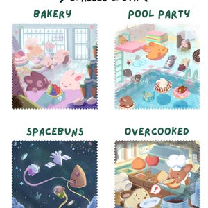 May include: A glasses cloth featuring four illustrated panels. The panels depict whimsical scenes: a bakery with bunny characters, a pool party with floating treats, space buns in a galaxy, and a kitchen scene labelled "Overcooked". The text at the top reads "CLEARANCE GLASSES CLOTH".
