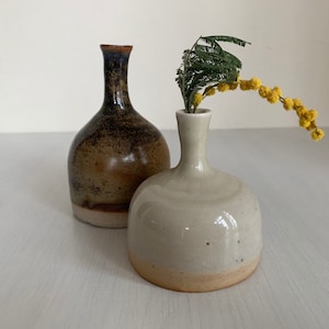 Könnte beinhalten: Zwei Keramikvasen. Eine ist eine kleine, runde, cremefarbene Vase mit hellbraunem Boden, die gelbe Blumen und grüne Blätter enthält. Die andere ist eine größere, braune Vase mit einem dunkelbraunen und schwarzen, gesprenkelten Design.