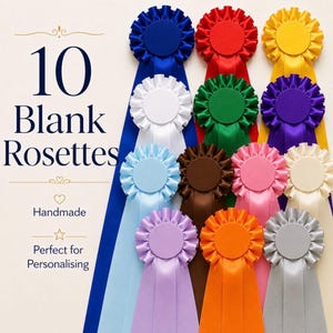May include: Ten blank satin ribbon rosettes in various colours including blue, red, yellow, white, green, purple, light blue, brown, pink, cream, lavender, orange, and silver, each featuring a circular centre and two long hanging tails.