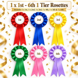 May include: A set of six single-tier award rosettes in red, blue, yellow, green, pink, and purple, each featuring a white centre disc with the text 1st, 2nd, 3rd, 4th, 5th, or 6th. The text 1 x 1st - 6th 1 Tier Rosettes is displayed at the top.