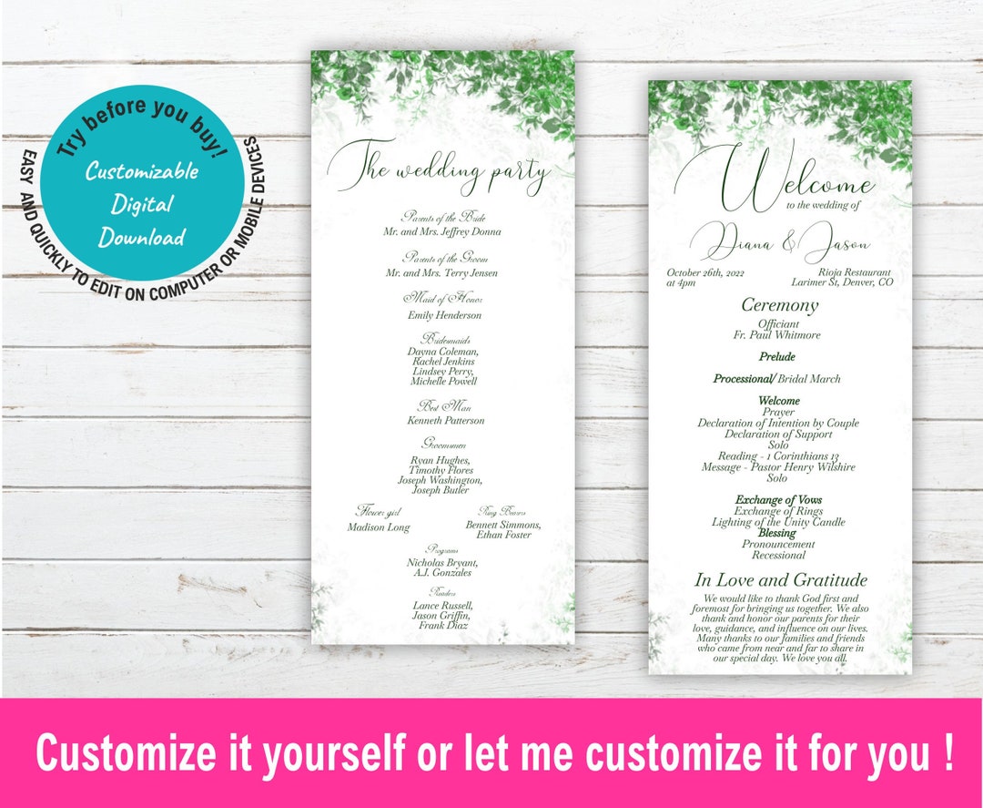 Greenery Wedding Program Template One Page Wedding Program Etsy Hong Kong