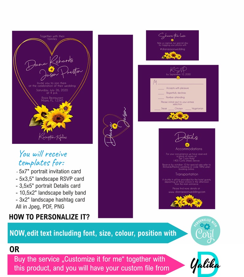Thank you card Yde17 Sunflower and purple wedding invitation template download gold heart frame sunflower wedding invite set RSVP