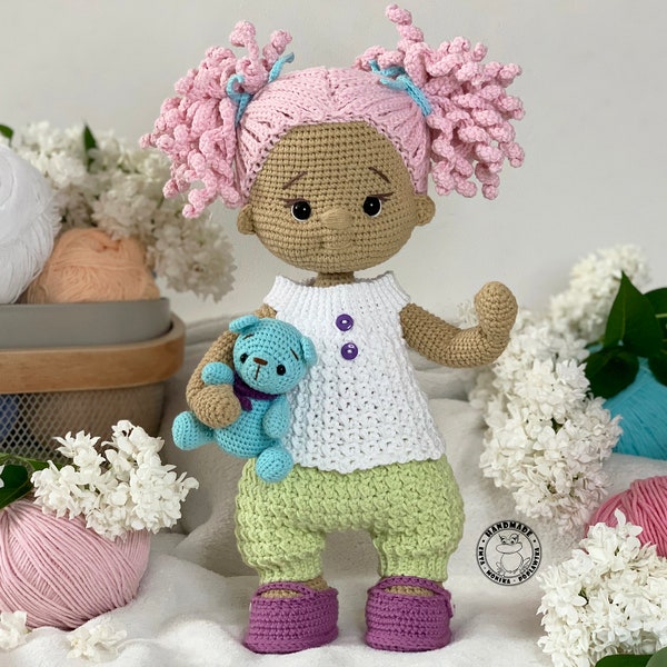 JUDITH the adorable sweet doll with little teddy bear Doll with tiny playmate Pastel little girl with pink hair Finished doll ready to ship