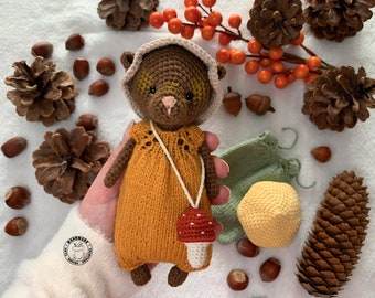 GERALDINE the little teddy bear in a jumpsuit with hats and a small mushroom bag Teddy bear with outfits Handmade bear Gift for girl and boy