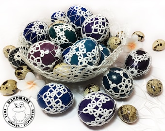 Easter eggs on real eggshells Easter basket stuffers Tatting lace ornaments Easter decorations Vintage spring decor Table centerpiece decor